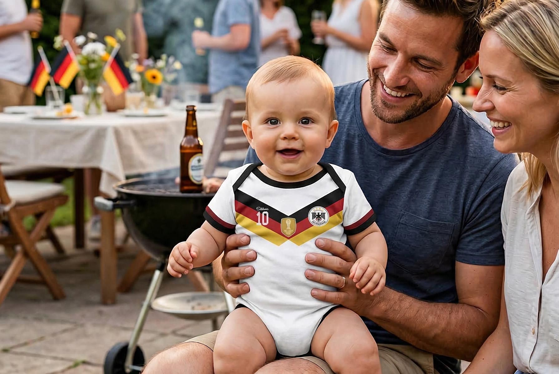 Ein kleiner Fan, ein großer Herzensmoment: Baby im Deutschland-Body bei einer liebevollen Familienfeier im Garten.