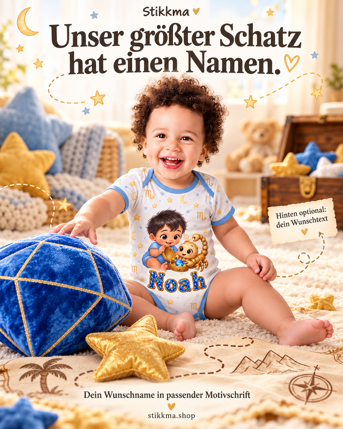 Baby im Skorpion-Babybody mit dem Namen Noah in blau-goldener Motivschrift, umgeben von Sternkissen und einer Schatzkarte.