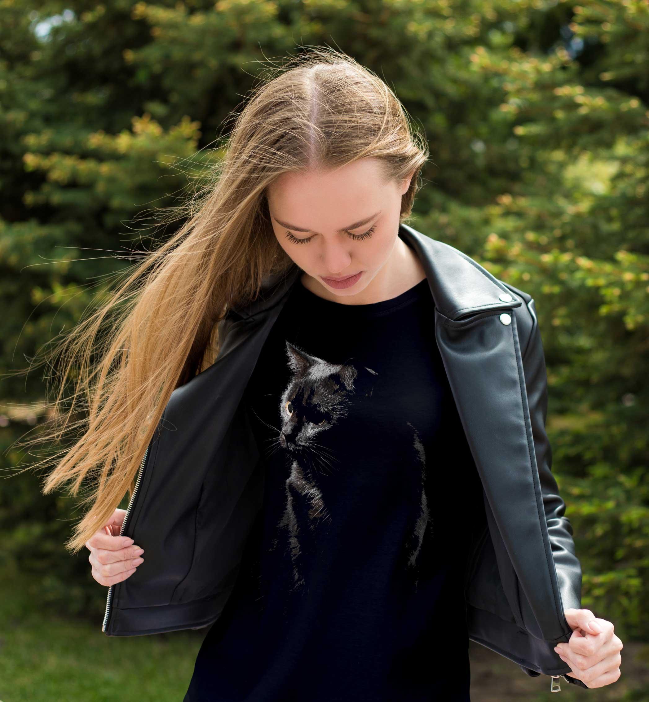 T-Shirt Schwarze Katze Tiere, Bio-Baumwolle, Unisex, Damen, Kids