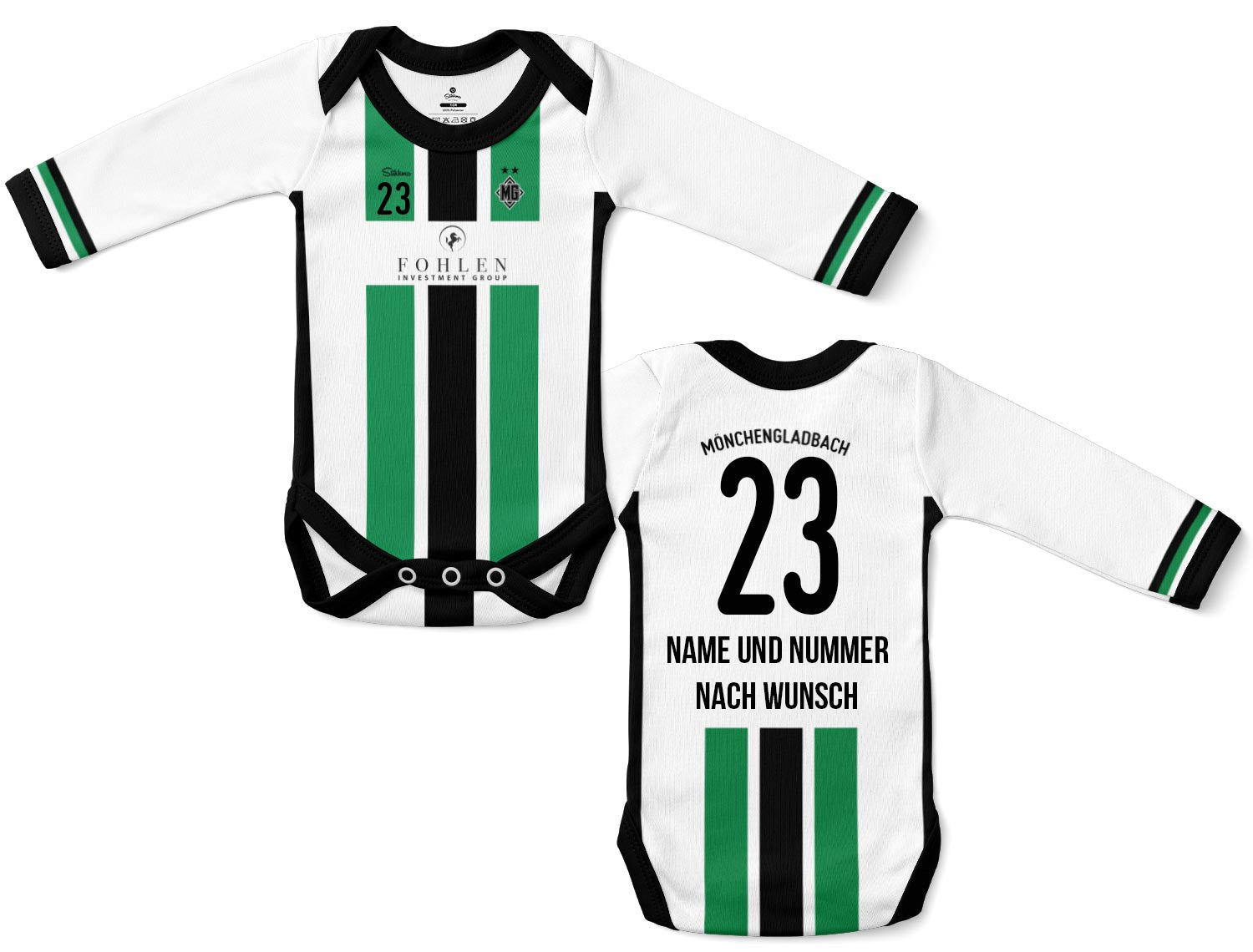 Mönchengladbach Bio-Baumwolle Baby Body Langarm Fan-Trikot inkl. Name und Nummer (Druck)