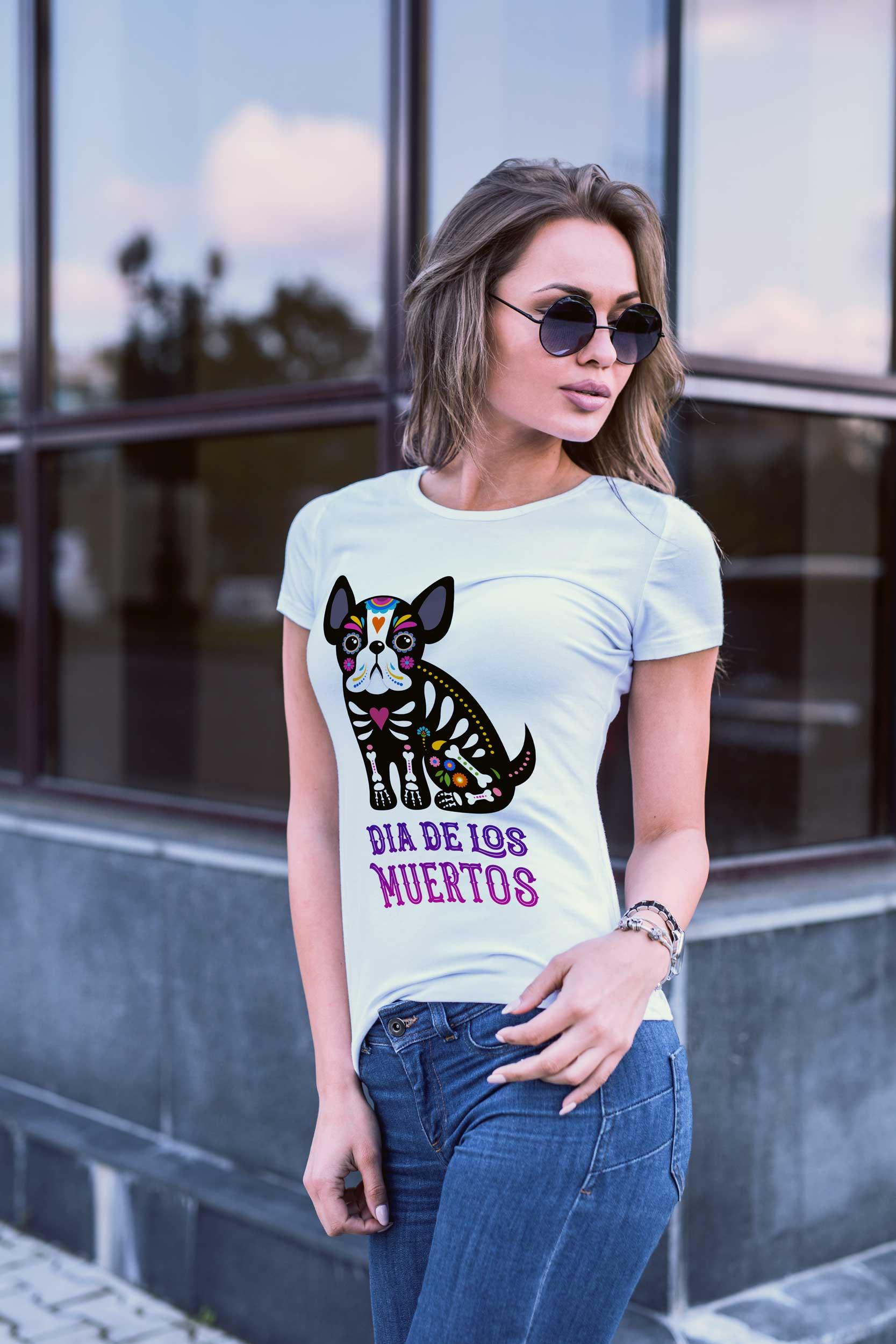 T-Shirt Dia de los Muertos Hund, Bio-Baumwolle, Unisex, Damen, Kids