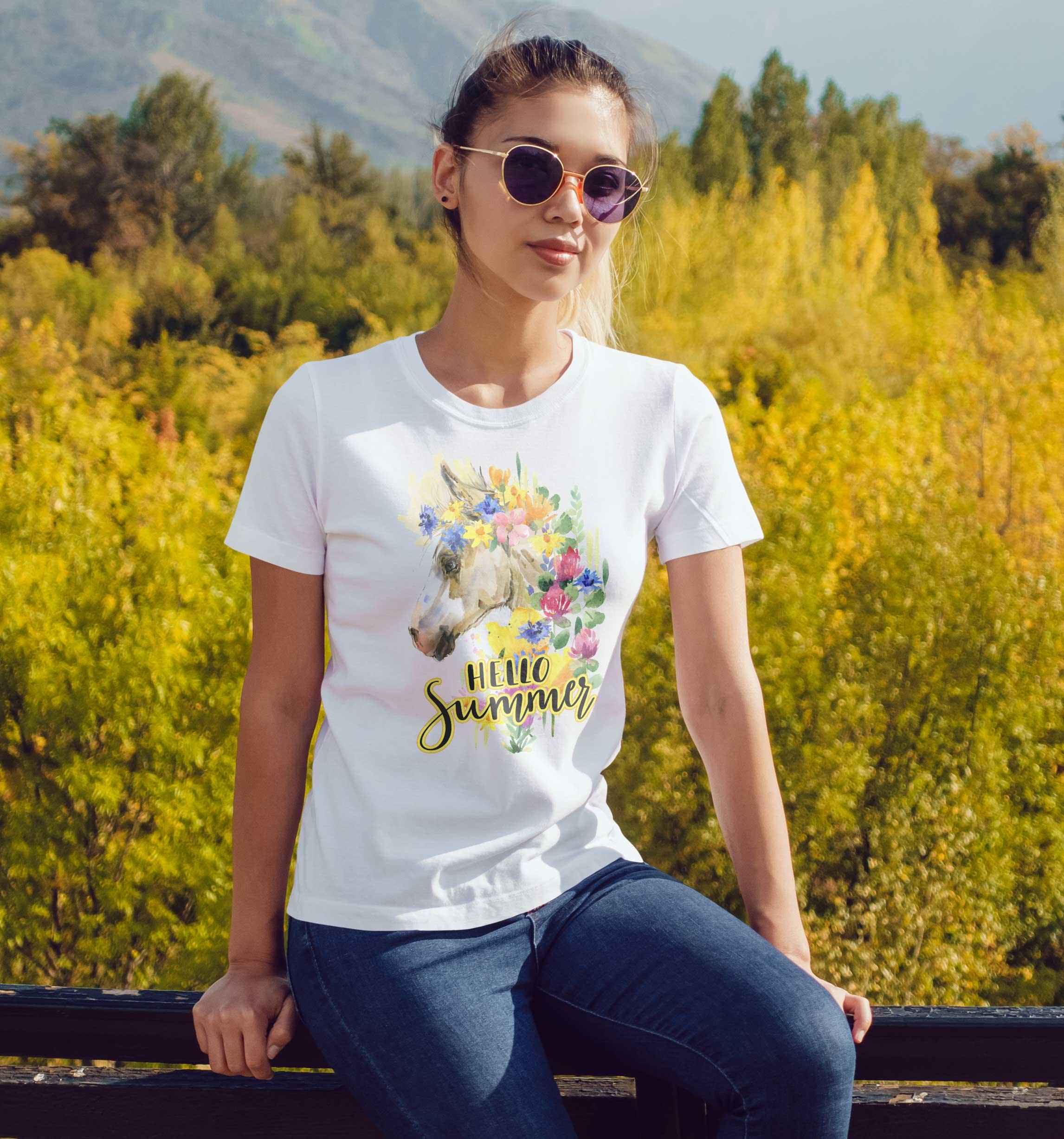 T-Shirt Hello Summer Pferd, Bio-Baumwolle, Unisex, Damen, Kids