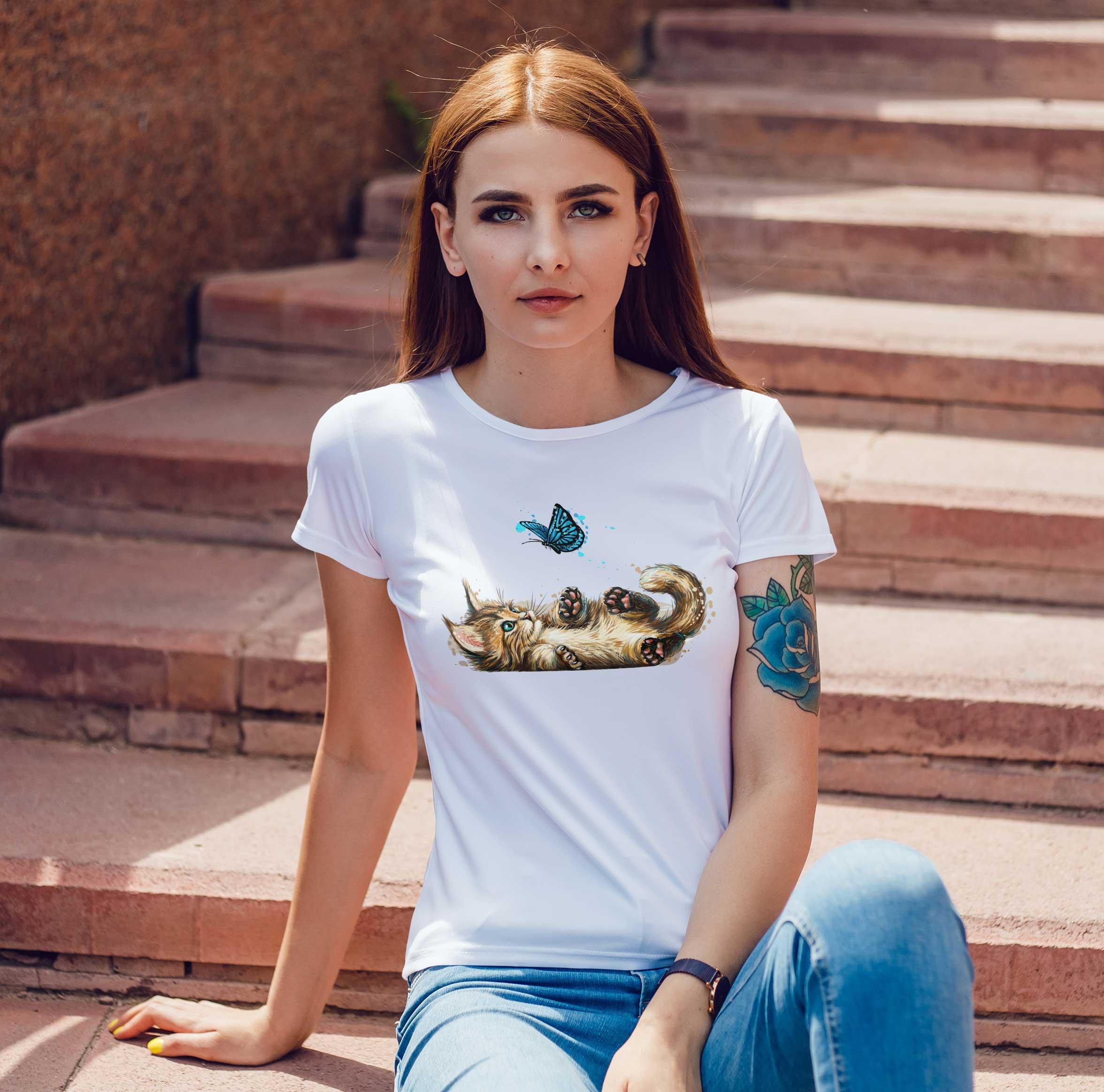 T-Shirt Katze mit Schmetterling, Bio-Baumwolle, Unisex, Damen, Kids