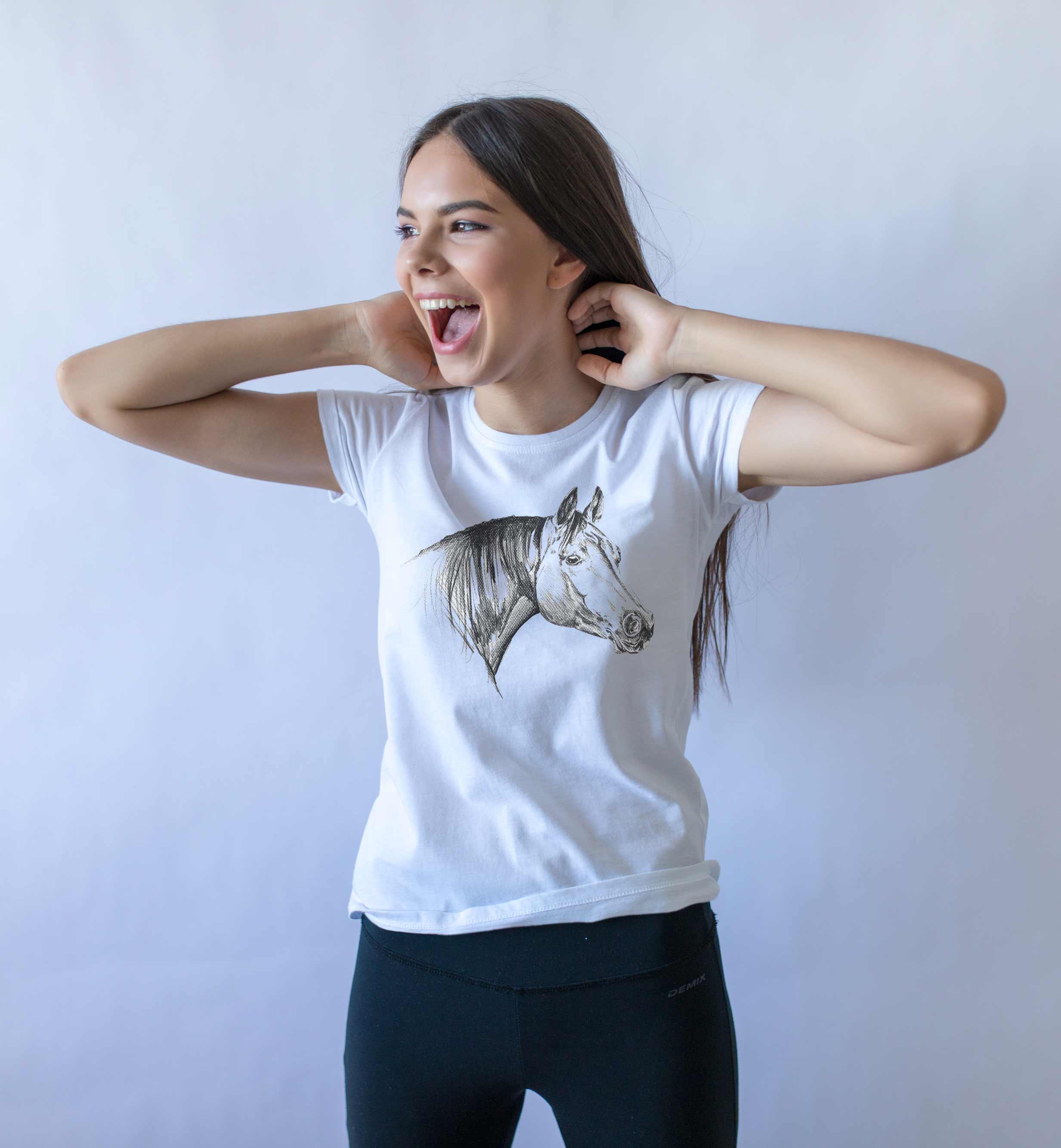 T-Shirt Zeichnung Pferd, Bio-Baumwolle, Unisex, Damen, Kids