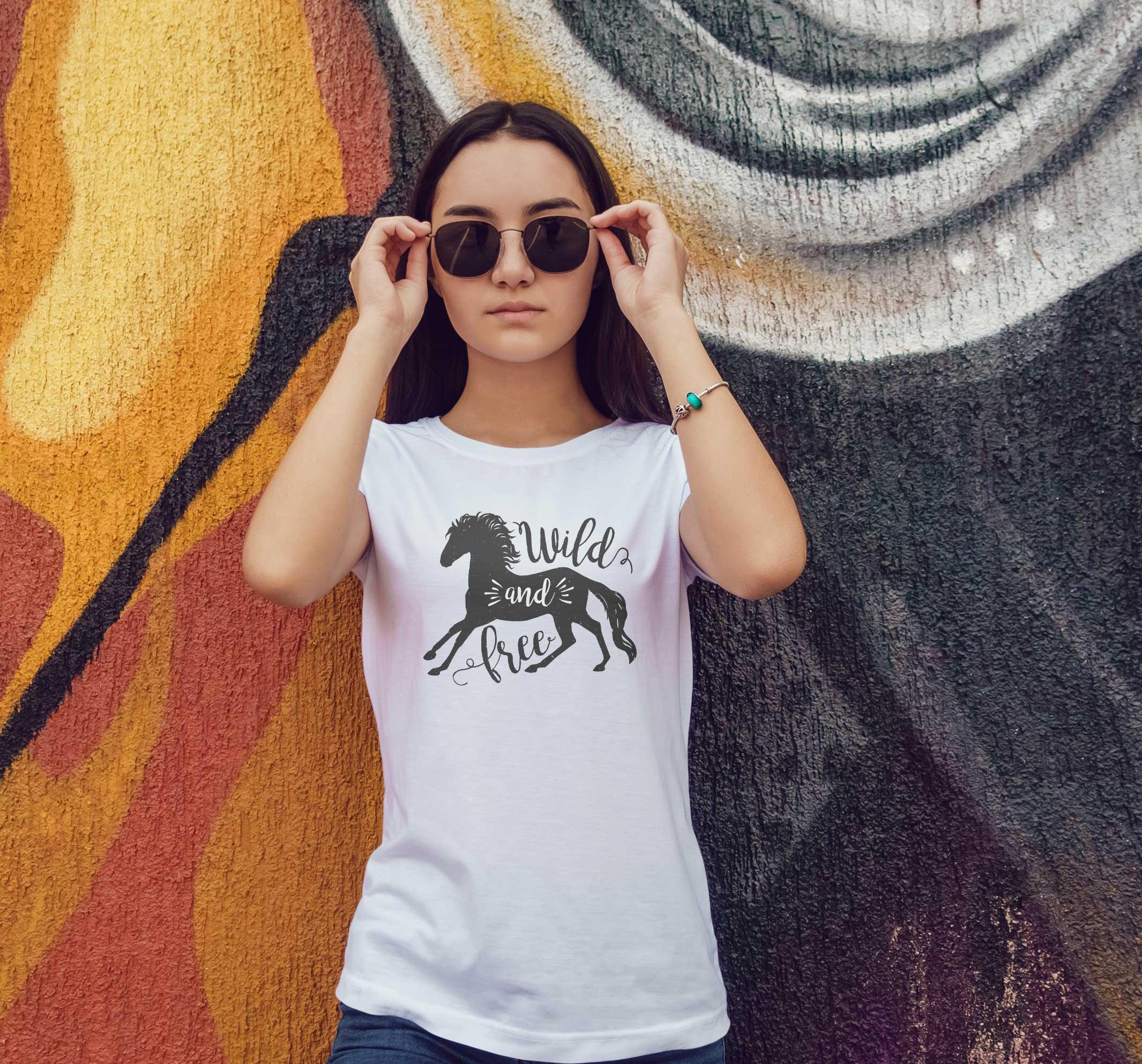 T-Shirt Wild and Free Pferd, Bio-Baumwolle, Unisex, Damen, Kids