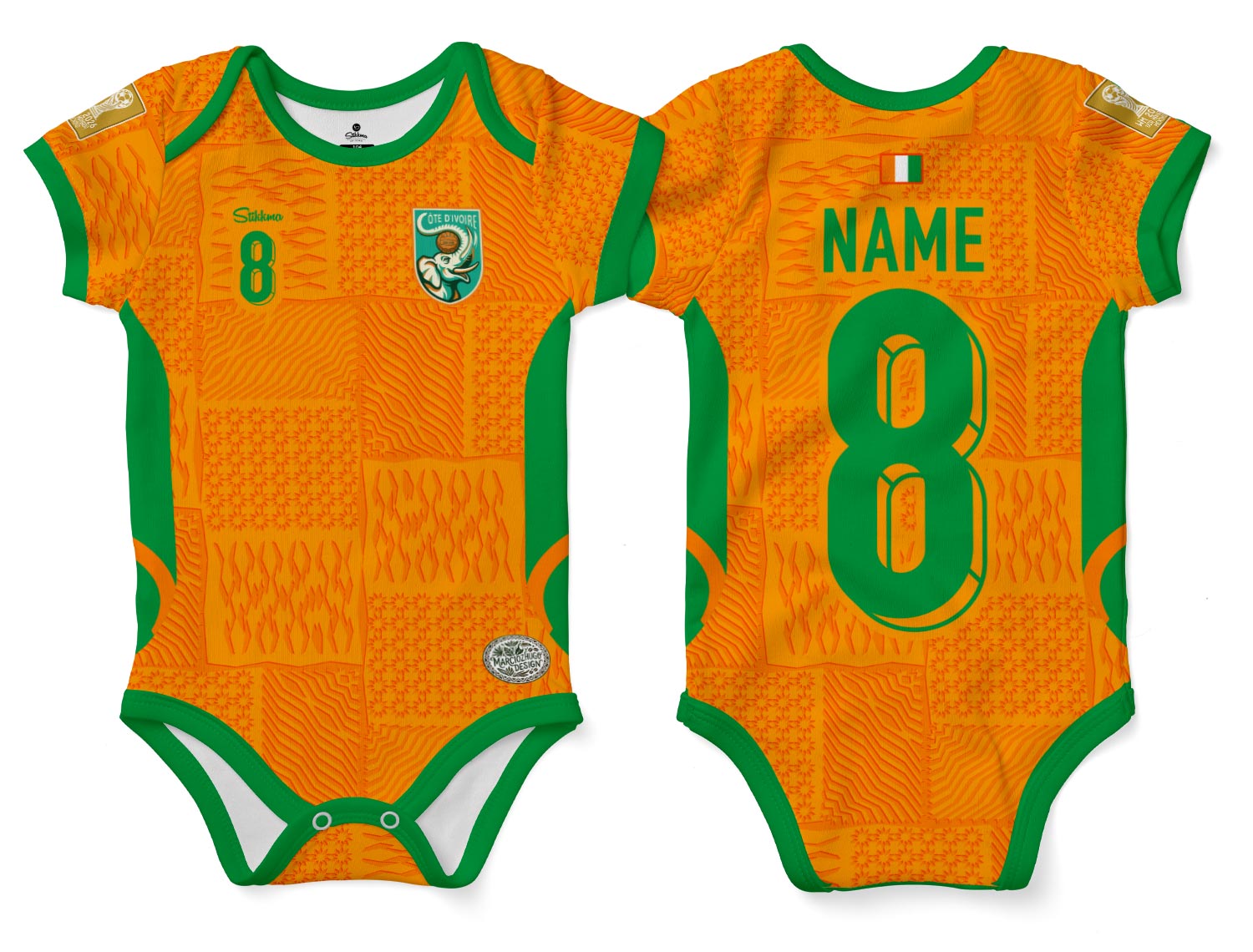 Elfenbeinküste WM2026 Bio-Baumwolle Baby Body Trikot inkl. Name und Nummer (Druck)