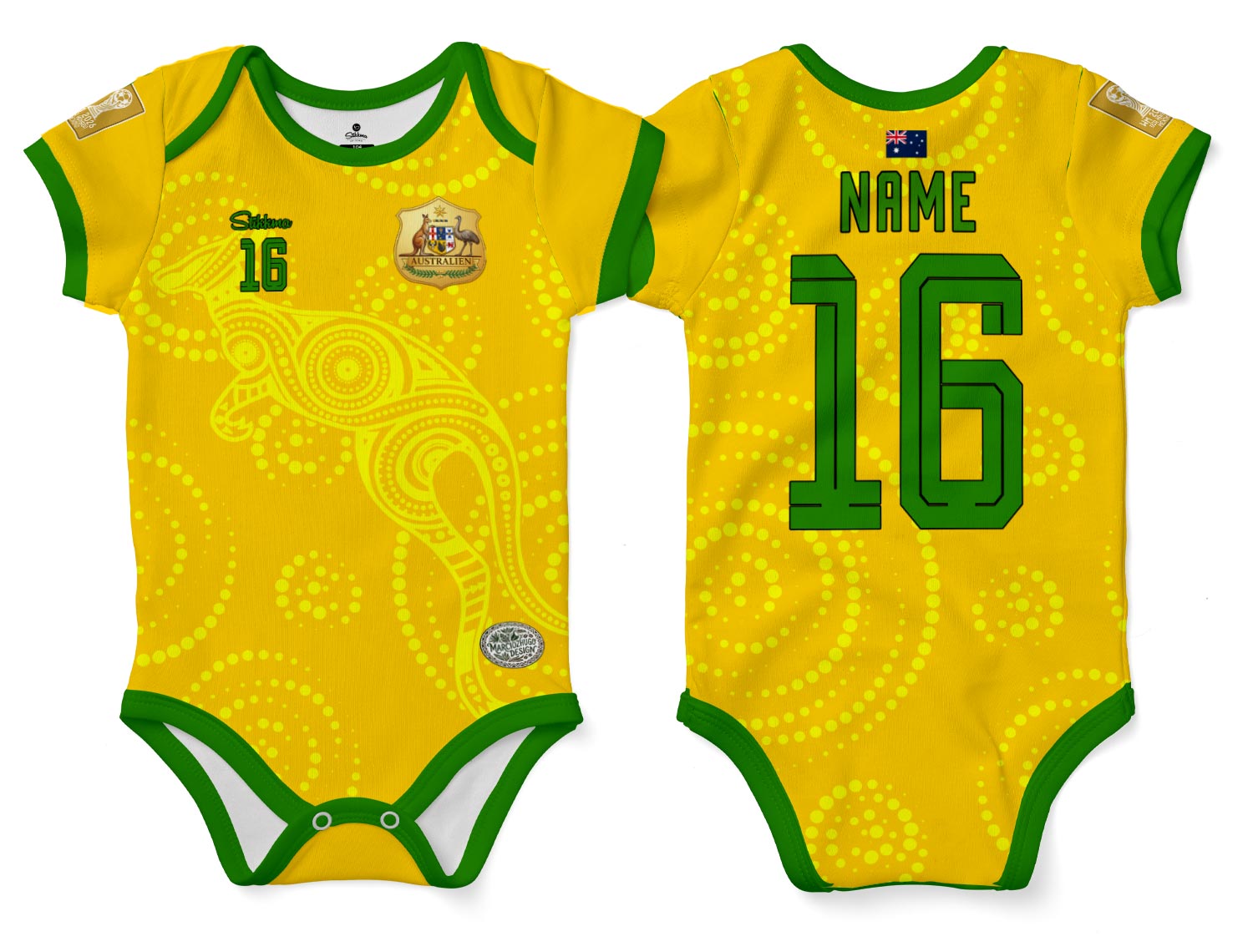 Australien WM2026 Bio-Baumwolle Baby Body Trikot inkl. Name und Nummer (Druck)