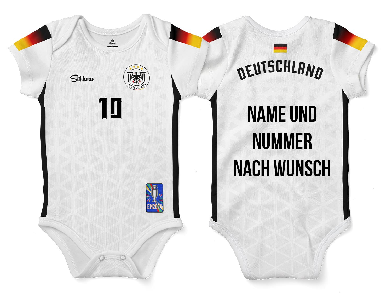 Deutschland Bio-Baumwolle Heim Baby Body Fan-Trikot EM2024 inkl. Name und Nummer (Druck)