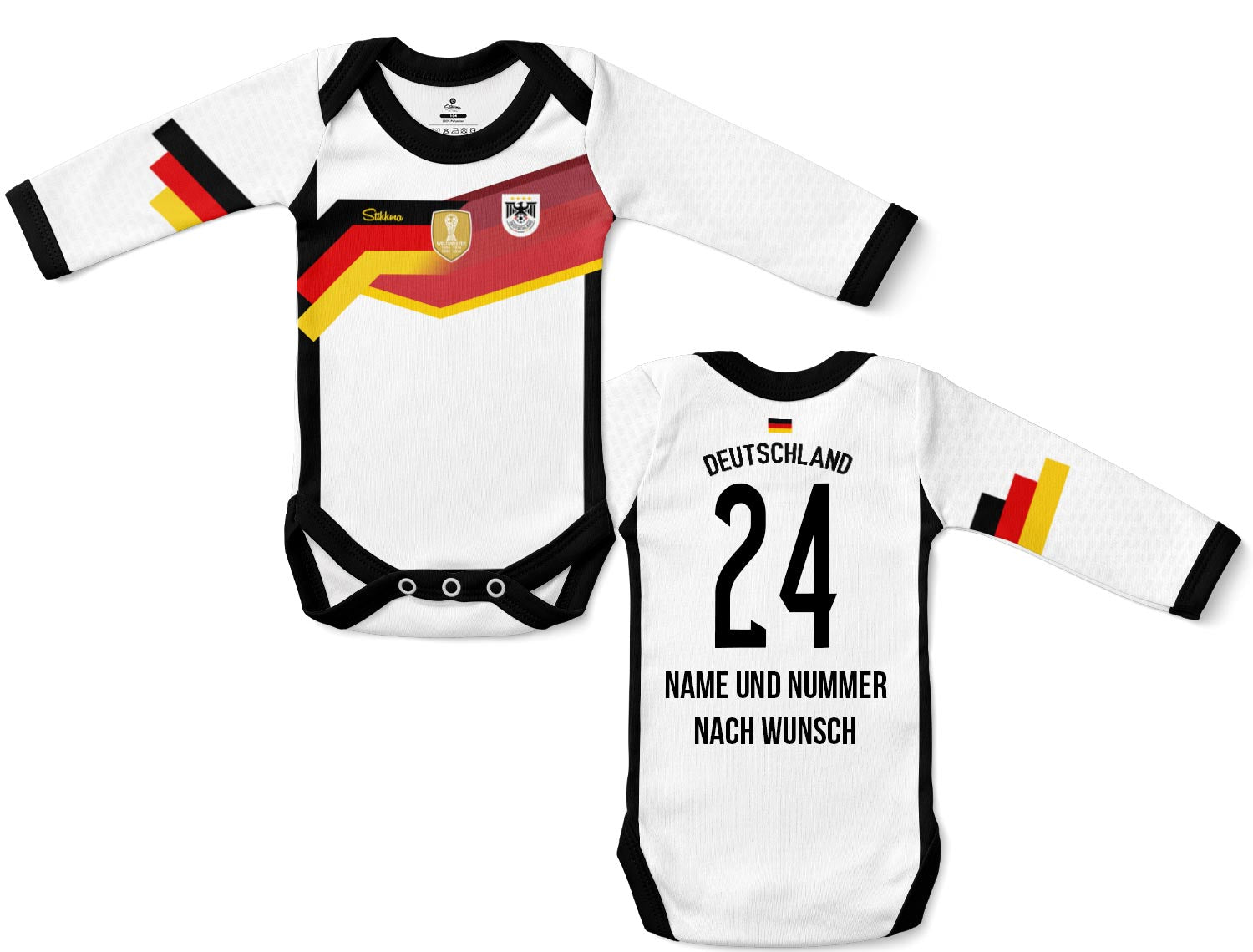 Deutschland Weltmeister Bio-Baumwolle Baby Body Langarm Trikot inkl. Name und Nummer (Druck)
