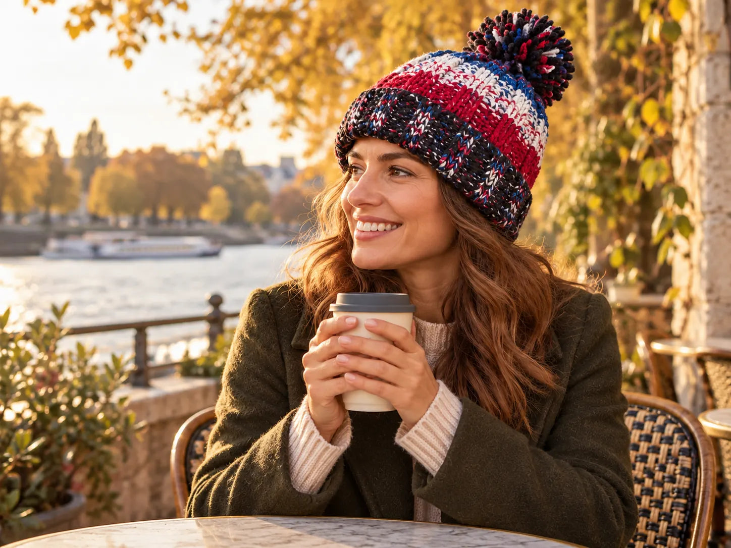 Ein kleiner Moment draußen: Aquili beim warmen Kaffee am Rhein