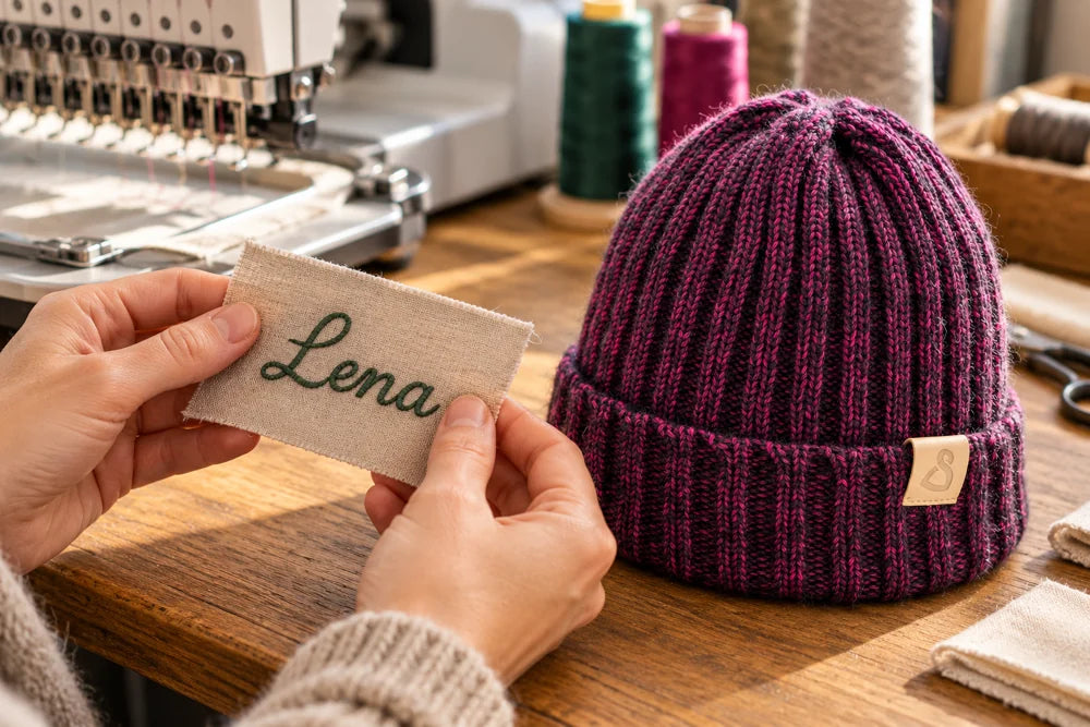 Neue Detailinszenierung von einer Stickprobe, Garn und Cusco-Mütze an einer Stickmaschine