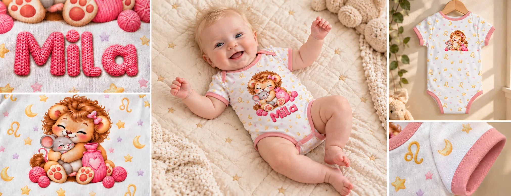 Löwe-Body mit Mila in rosa Strickschrift, junges blondes Baby in natürlicher Liegepose und passende Produktdetails
