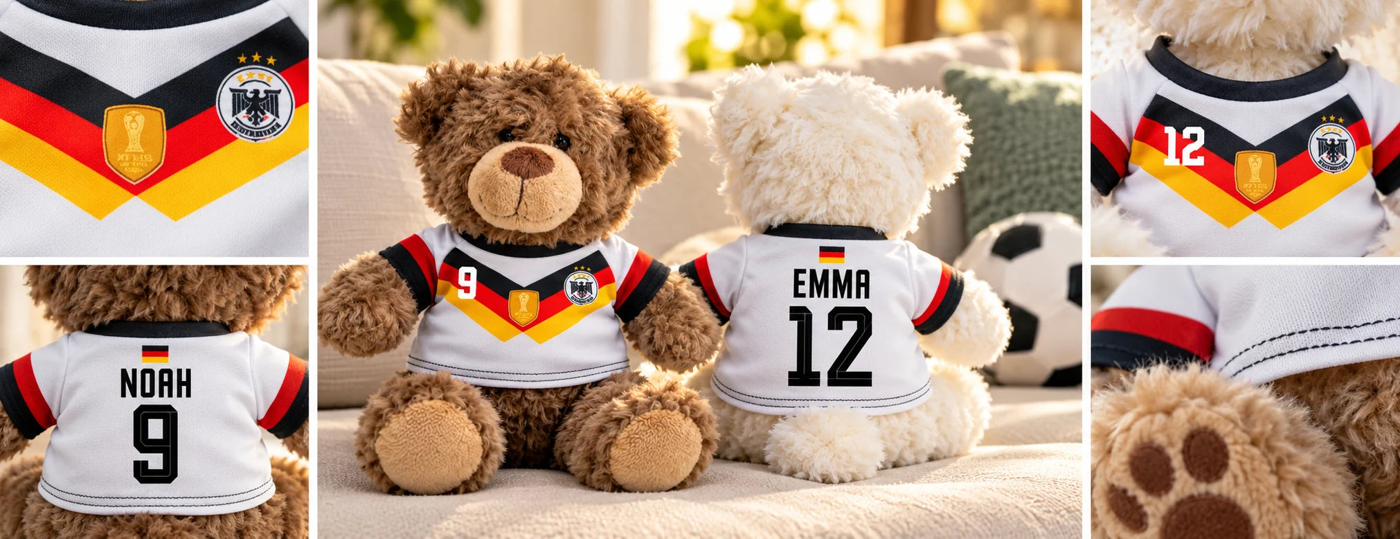 Neue Kuscheltier-Collage mit braunem und weißem Teddy im originalen weißen Deutschland-Heimtrikot WM2026, NOAH9 und EMMA12