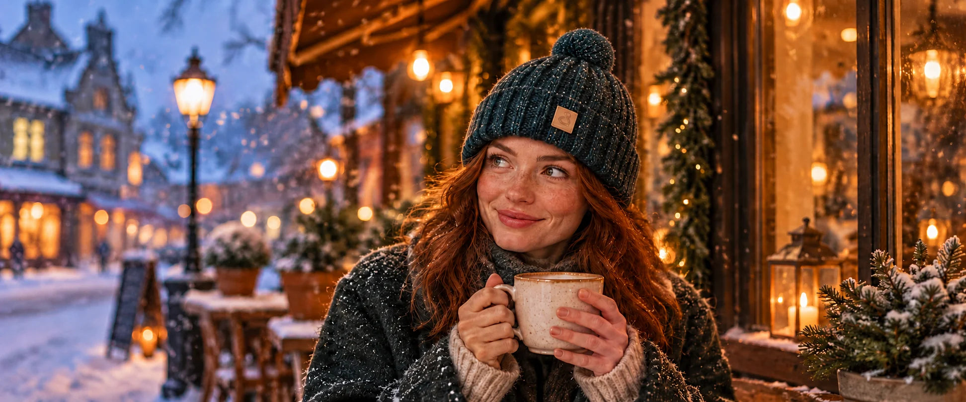 Frau mit der dunkelgrün melierten Cusco-Mütze und grünem Wollbommel bei einem Winterkaffee im warmen Abendlicht
