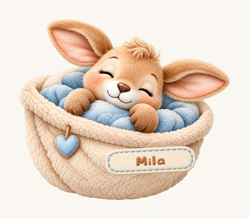 Mila auf dem Stoffetikett des Strickbeutels