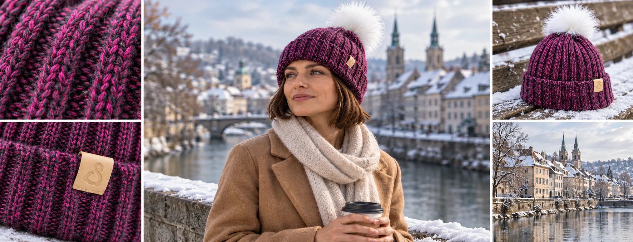 Cusco Alpaka Pink mit weißem Kunstfell-Wechselbommel am getragenen Modell und auf der Produktaufnahme