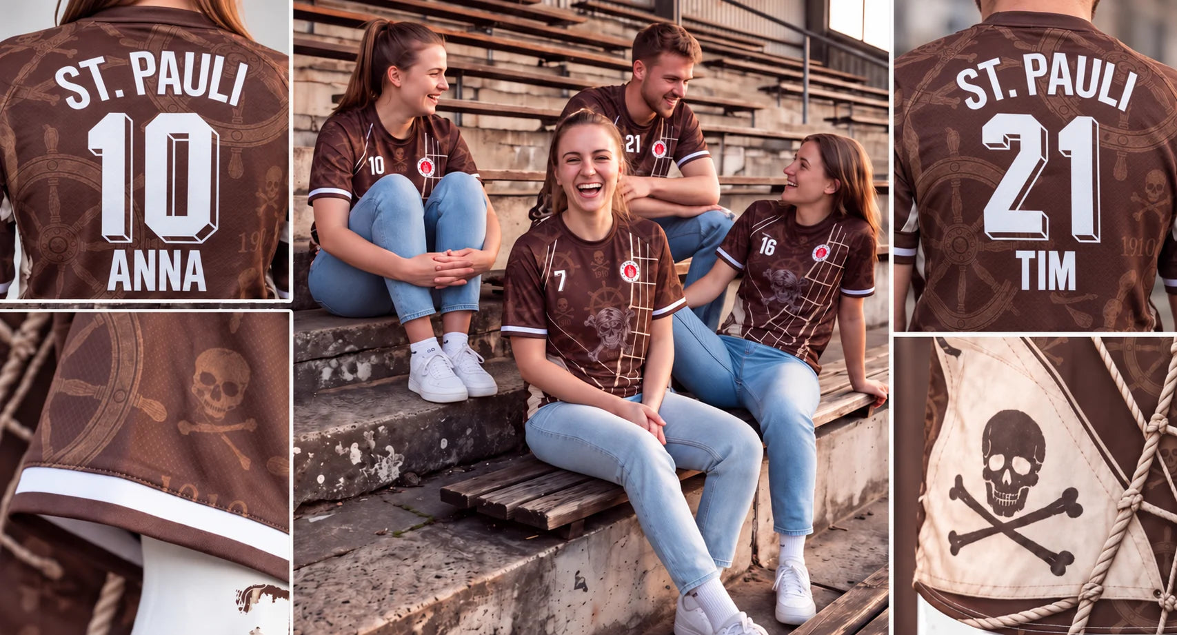 St.-Pauli-Collage mit Menschen, braunen personalisierten Trikots und Produktdetails