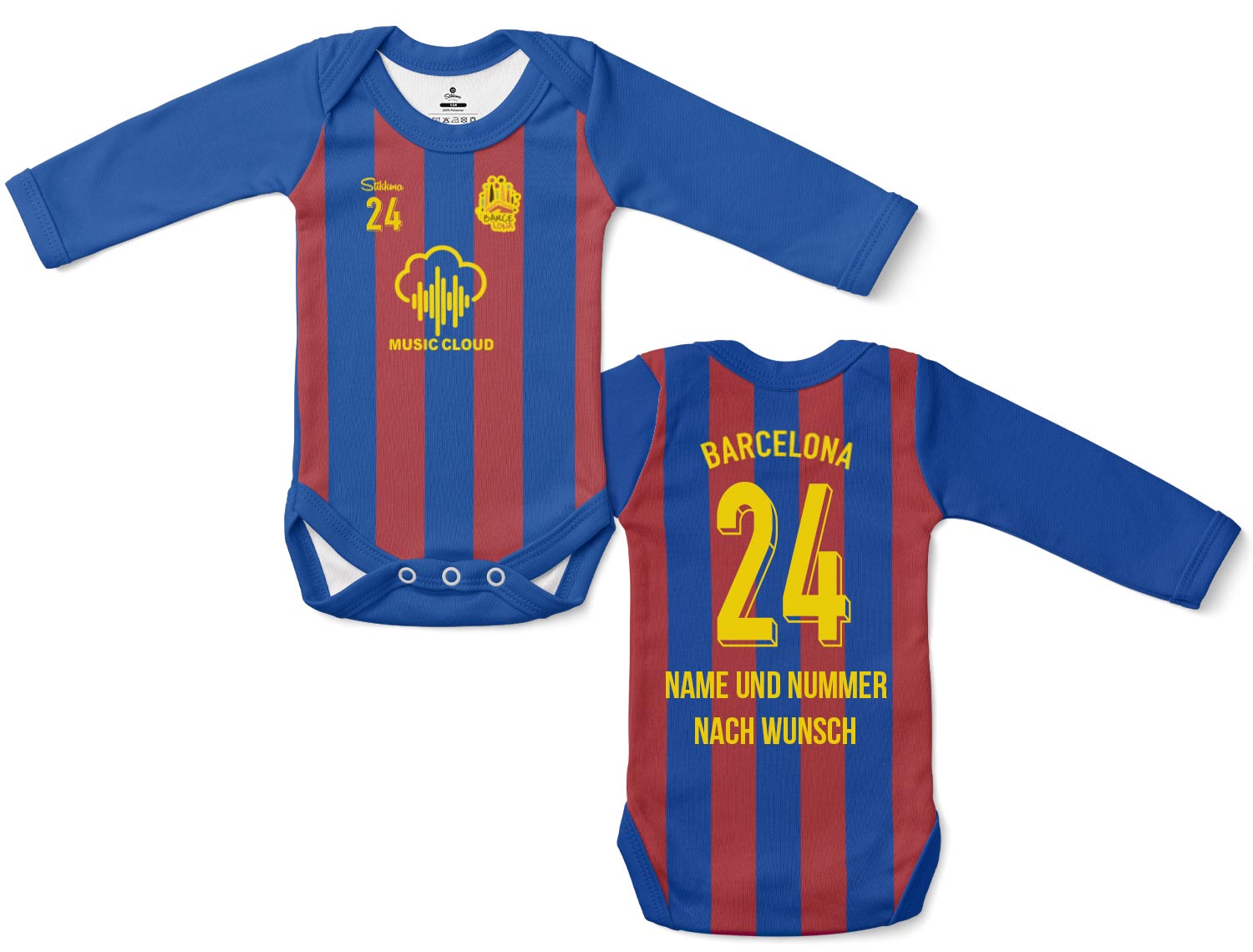 Barcelona Bio-Baumwolle Baby Body Langarm Fan-Trikot inkl. Name und Nummer (Druck)