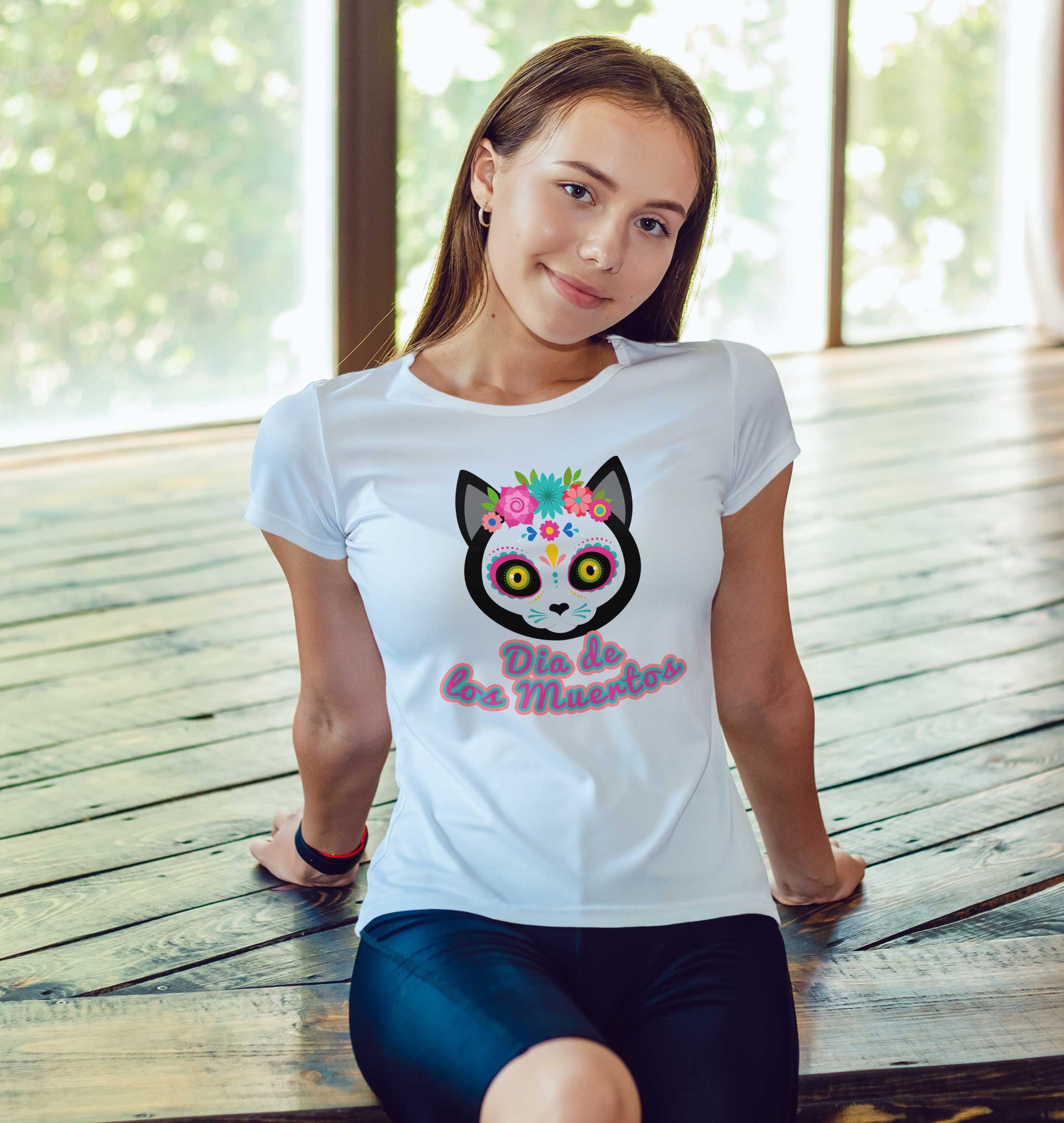 T-Shirt Dia de los Muertos Katze, Bio-Baumwolle, Unisex, Damen, Kids
