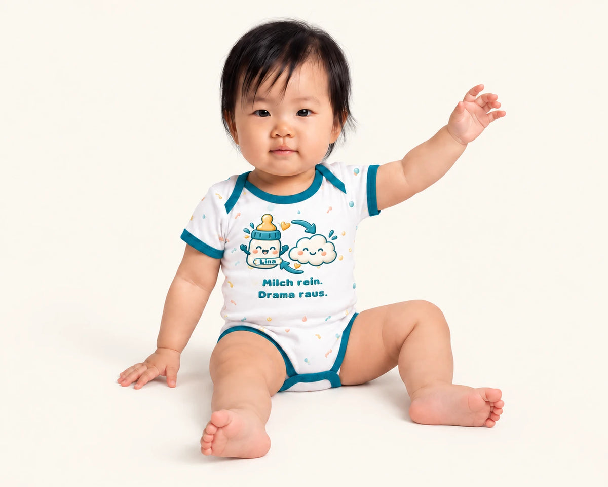 Baby im Betriebsmodus · Baby allein in der Vorderansicht mit Beispielname Lina