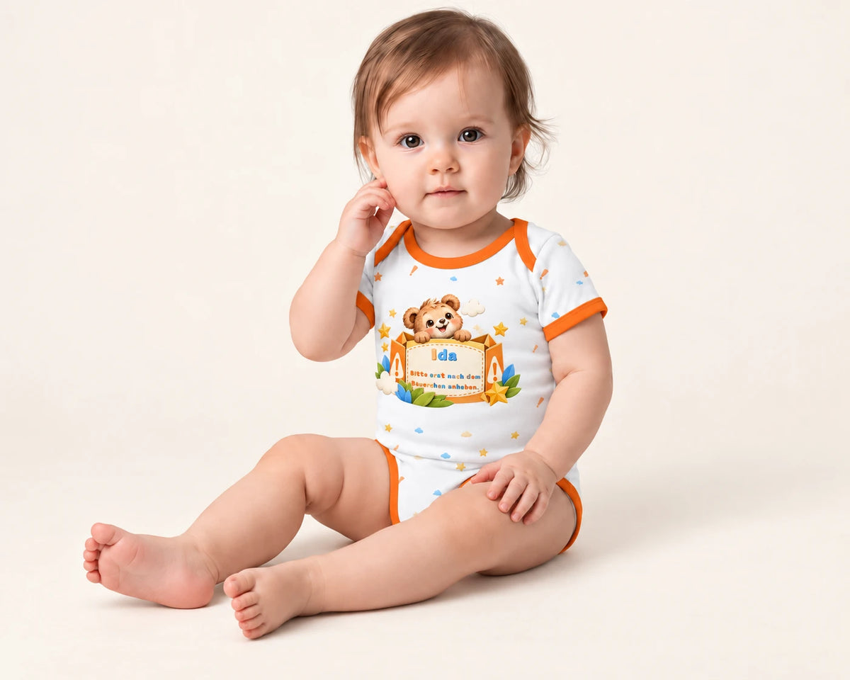 Bäuerchen-Alarm · Baby allein in der Vorderansicht mit Beispielname Ida