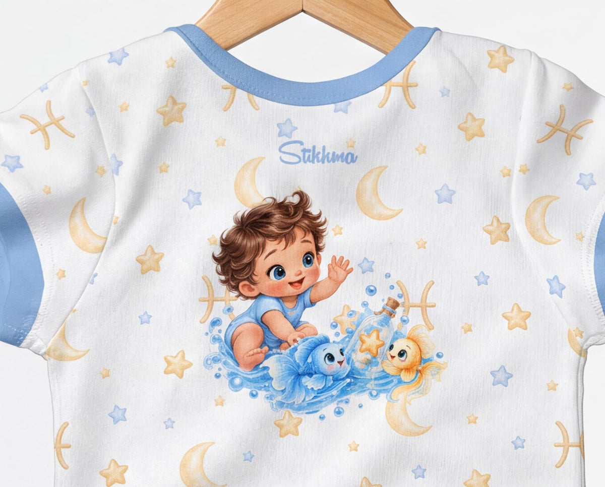 Sternzeichen Fische Kindermotiv Baby Body inkl. Name und Nummer (Druck)
