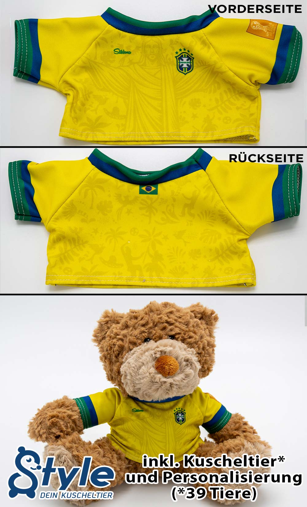 Kuscheltier personalisierbar mit Fan Trikot Brasilien WM2026 inkl. kostenloser Personalisierung