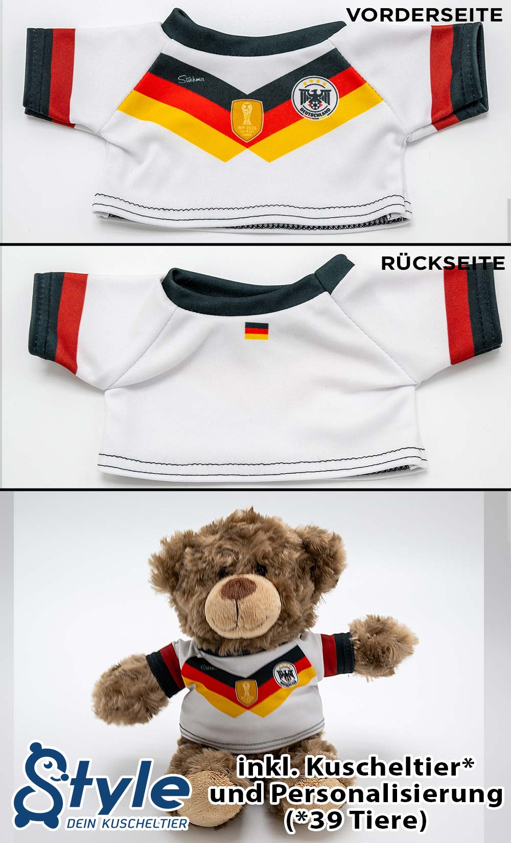 Kuscheltier personalisierbar mit Fan Trikot Deutschland Heim WM2026 inkl. kostenloser Personalisierung