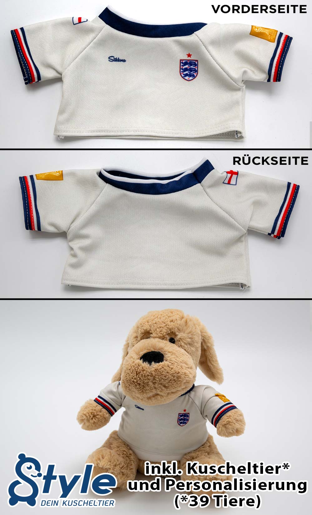 Kuscheltier personalisierbar mit Fan Trikot England WM2026 inkl. kostenloser Personalisierung