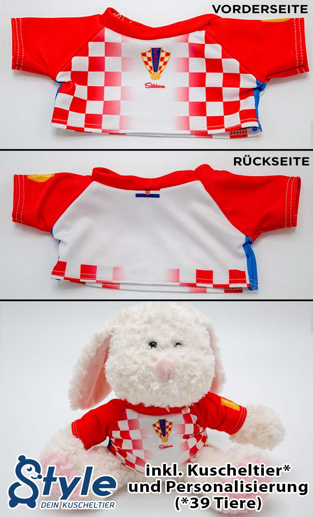Kuscheltier personalisierbar mit Fan Trikot Kroatien WM2026 inkl. kostenloser Personalisierung