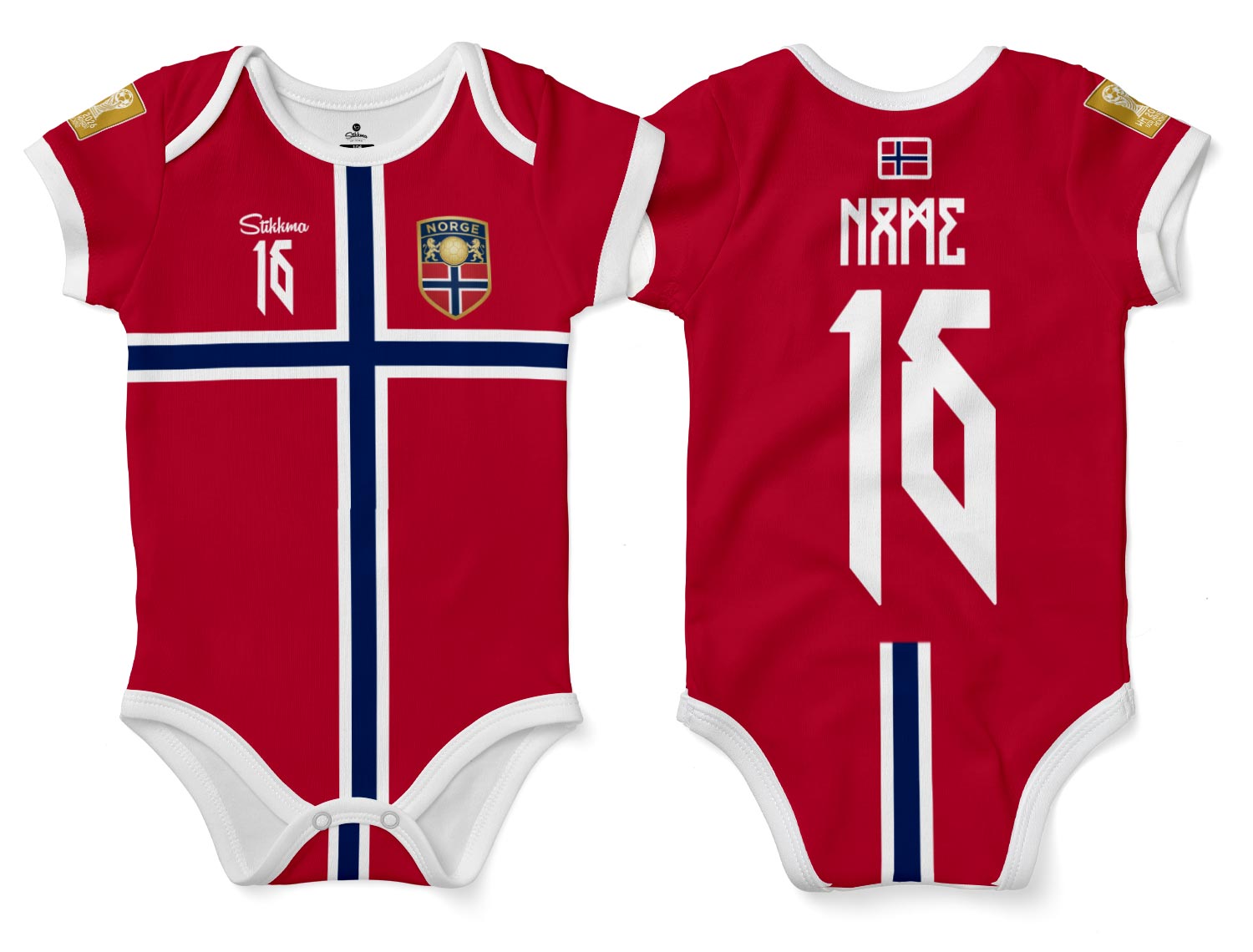 Norwegen WM2026 Bio-Baumwolle Baby Body Trikot inkl. Name und Nummer (Druck)