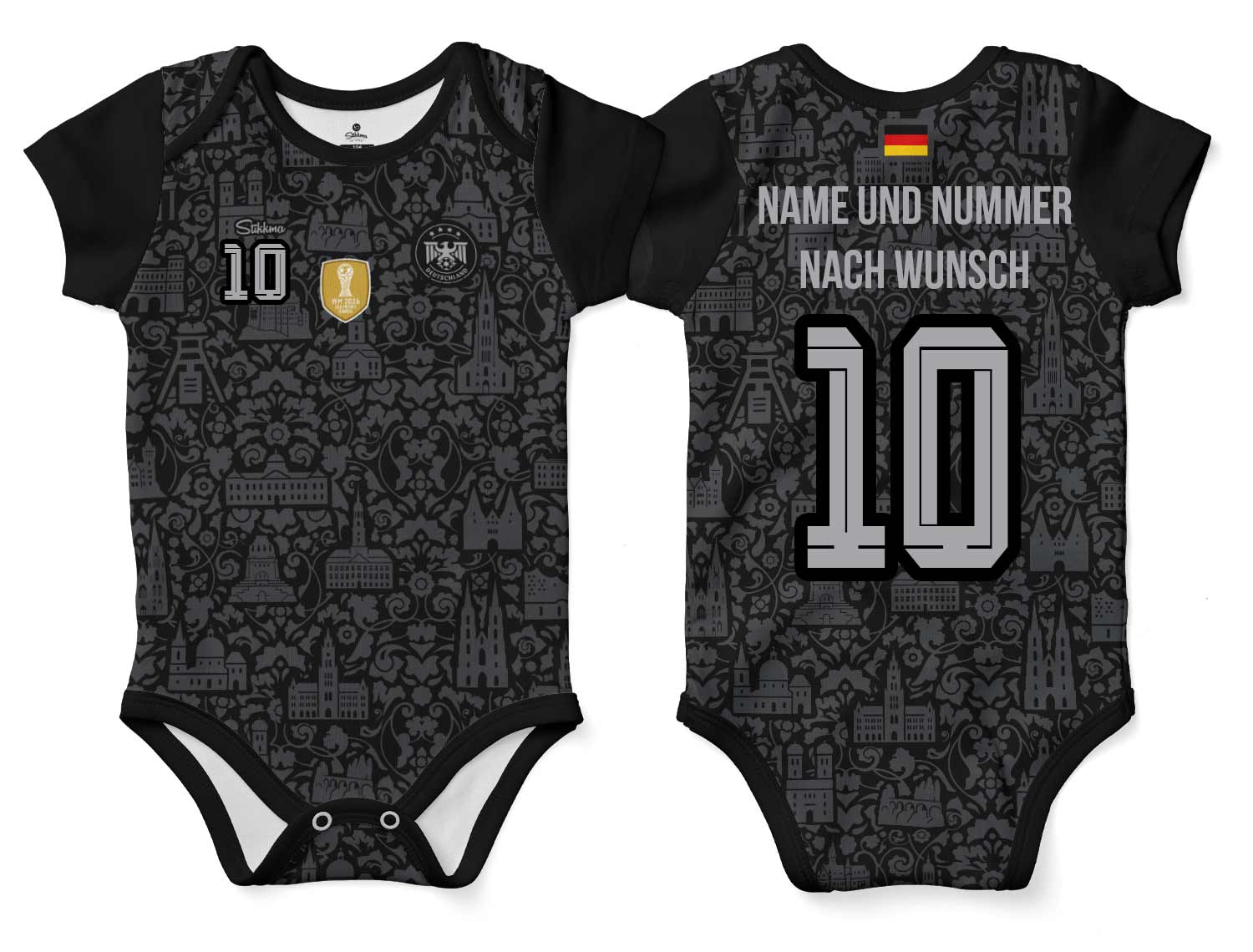 Deutschland WM2026 Special Black Bio-Baumwolle Baby Body Trikot inkl. Name und Nummer (Druck)