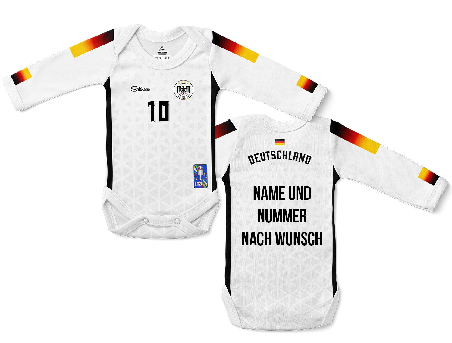 Deutschland Heim Baby Body Langarm Fan-Trikot EM2024 inkl. Name und Nummer (Druck)