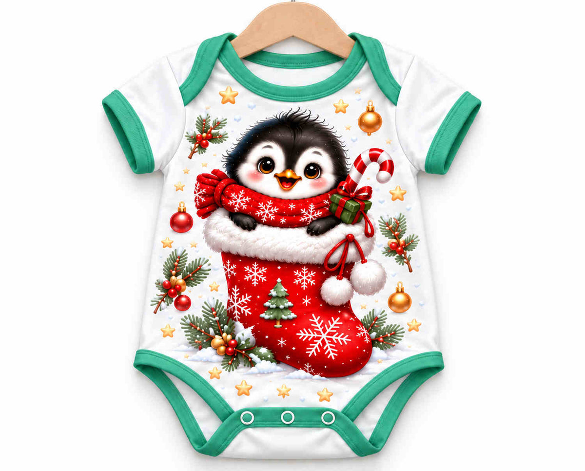 Pinguin im Weihnachtsstrumpf Weihnachts Baby Body inkl. Name (Druck)