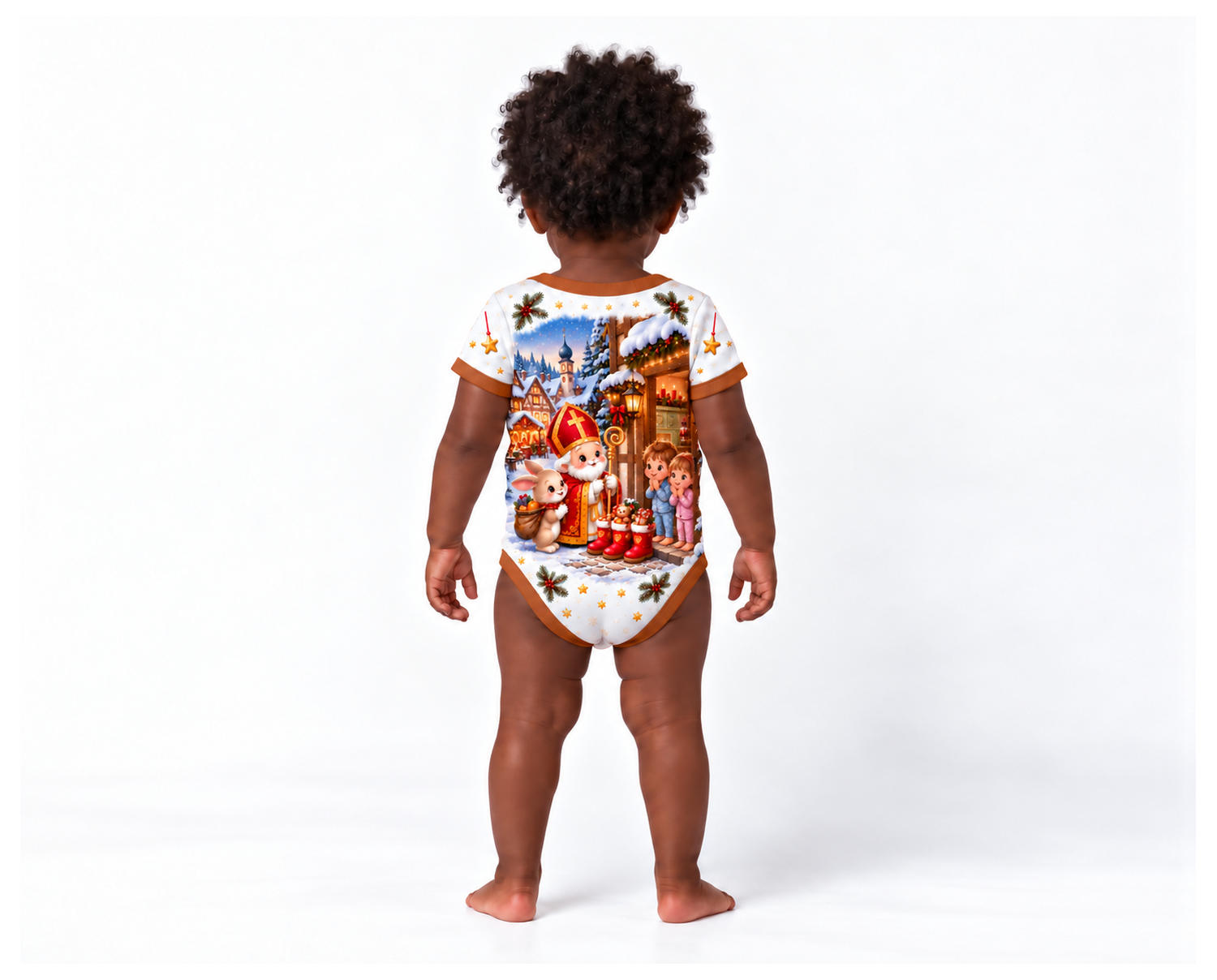 Nikolaus und die Stiefelstube im Fachwerkdorf Weihnachts Baby Body inkl. Name (Druck)