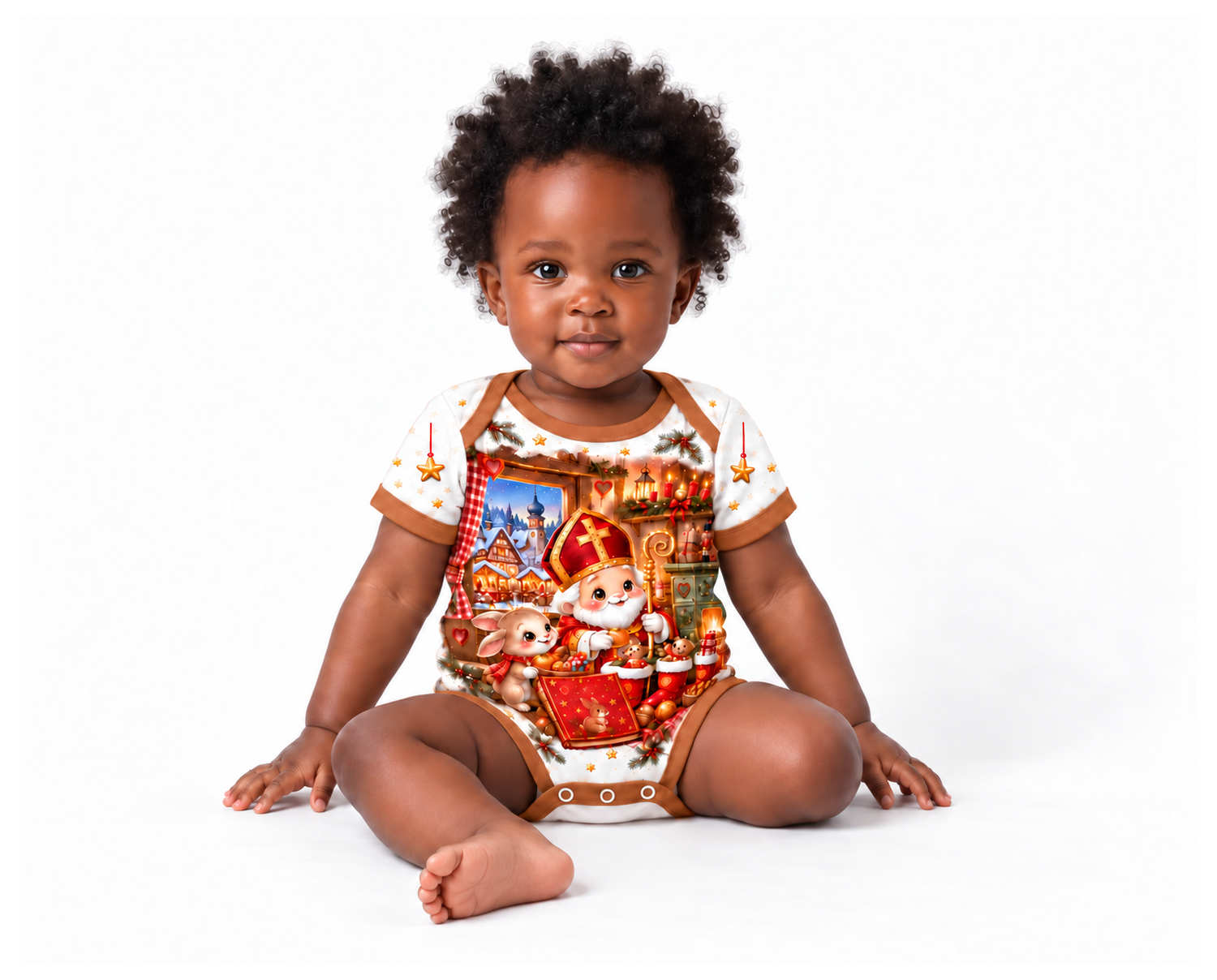 Nikolaus und die Stiefelstube im Fachwerkdorf Weihnachts Baby Body inkl. Name (Druck)