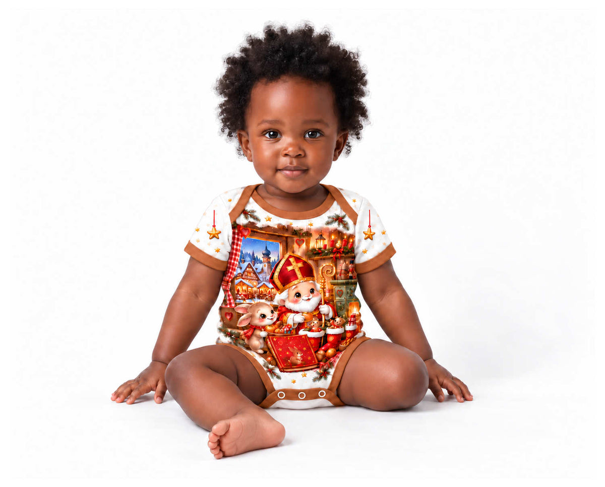 Nikolaus und die Stiefelstube im Fachwerkdorf Weihnachts Baby Body inkl. Name (Druck)