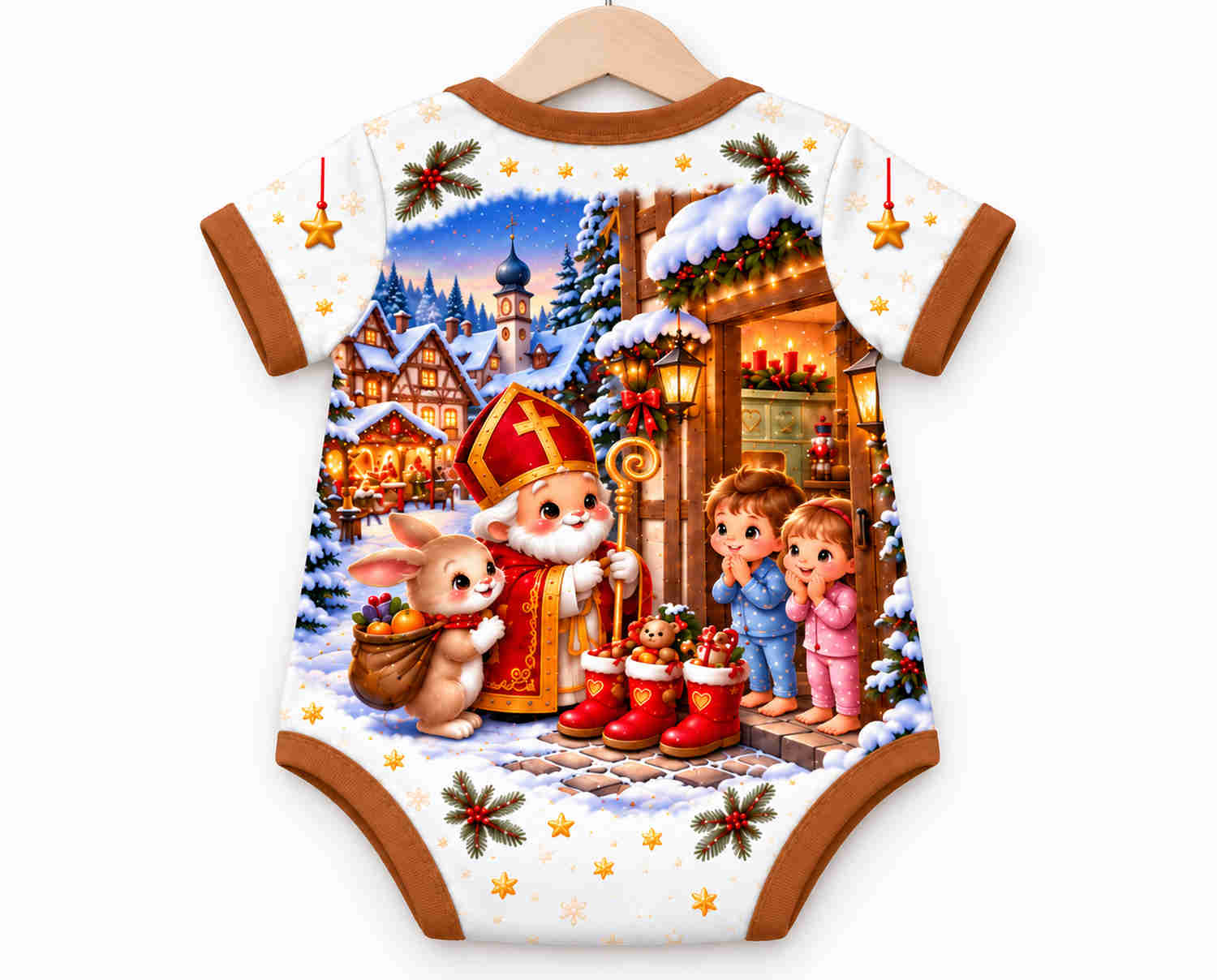 Nikolaus und die Stiefelstube im Fachwerkdorf Weihnachts Baby Body inkl. Name (Druck)