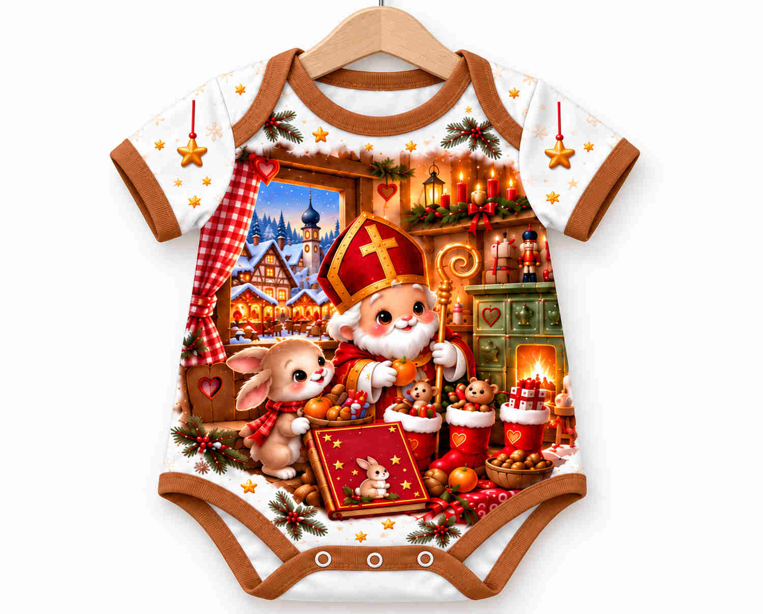 Nikolaus und die Stiefelstube im Fachwerkdorf Weihnachts Baby Body inkl. Name (Druck)