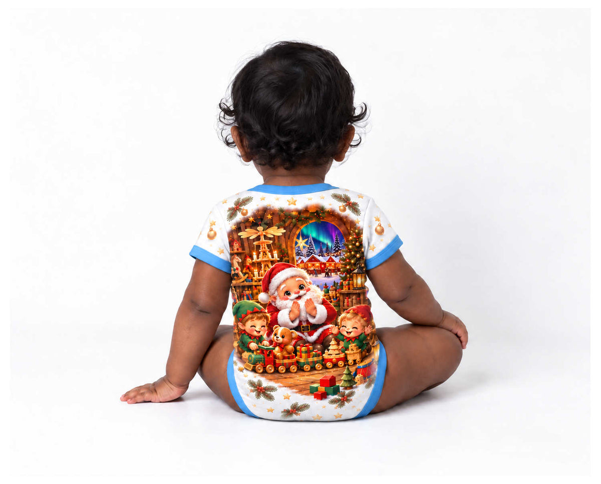 Weihnachtsmanns Spielzeugstube unter Nordlichtern Weihnachts Baby Body inkl. Name (Druck)