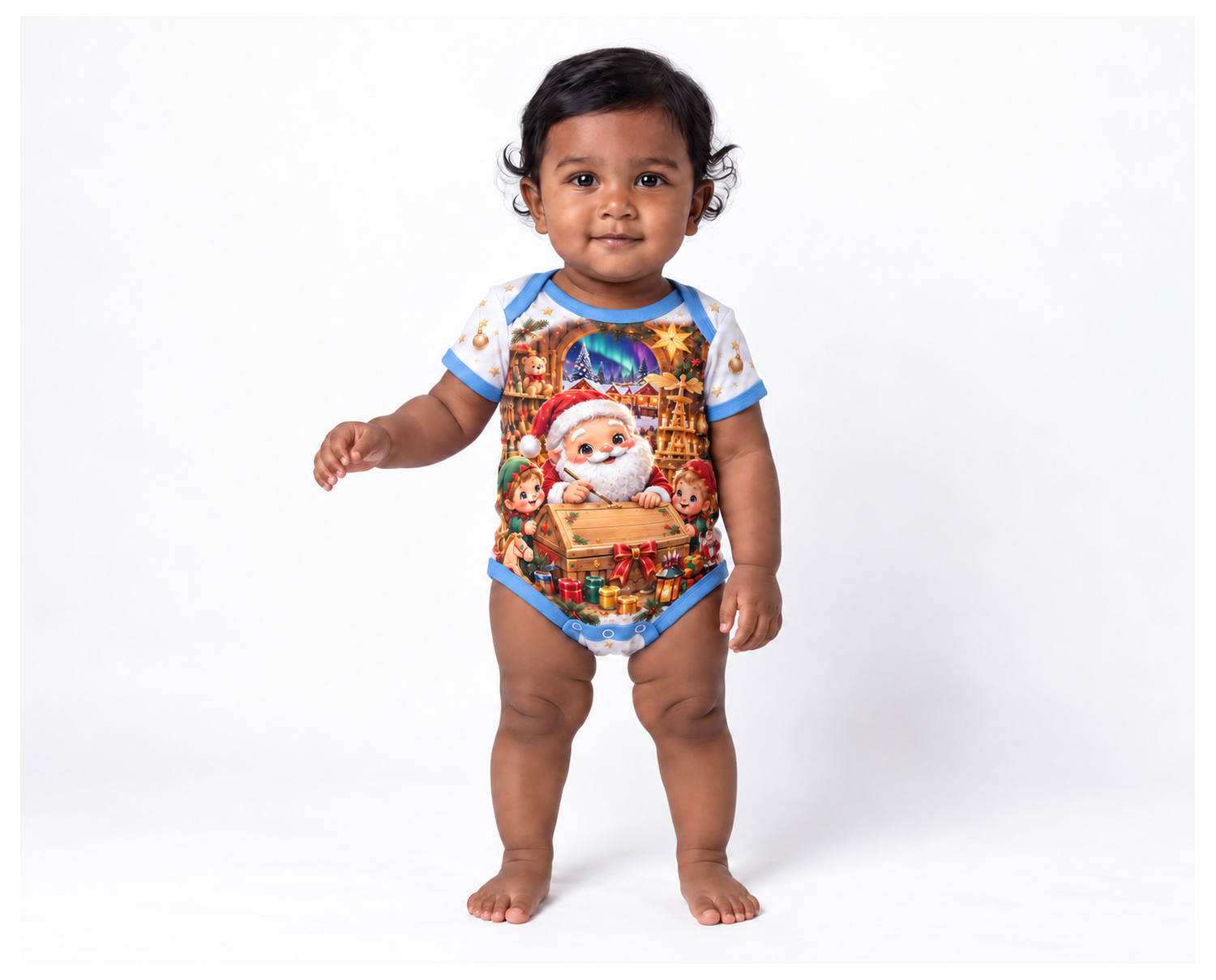 Weihnachtsmanns Spielzeugstube unter Nordlichtern Weihnachts Baby Body inkl. Name (Druck)