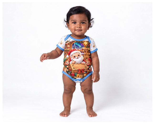 Weihnachtsmanns Spielzeugstube unter Nordlichtern Weihnachts Baby Body inkl. Name (Druck)