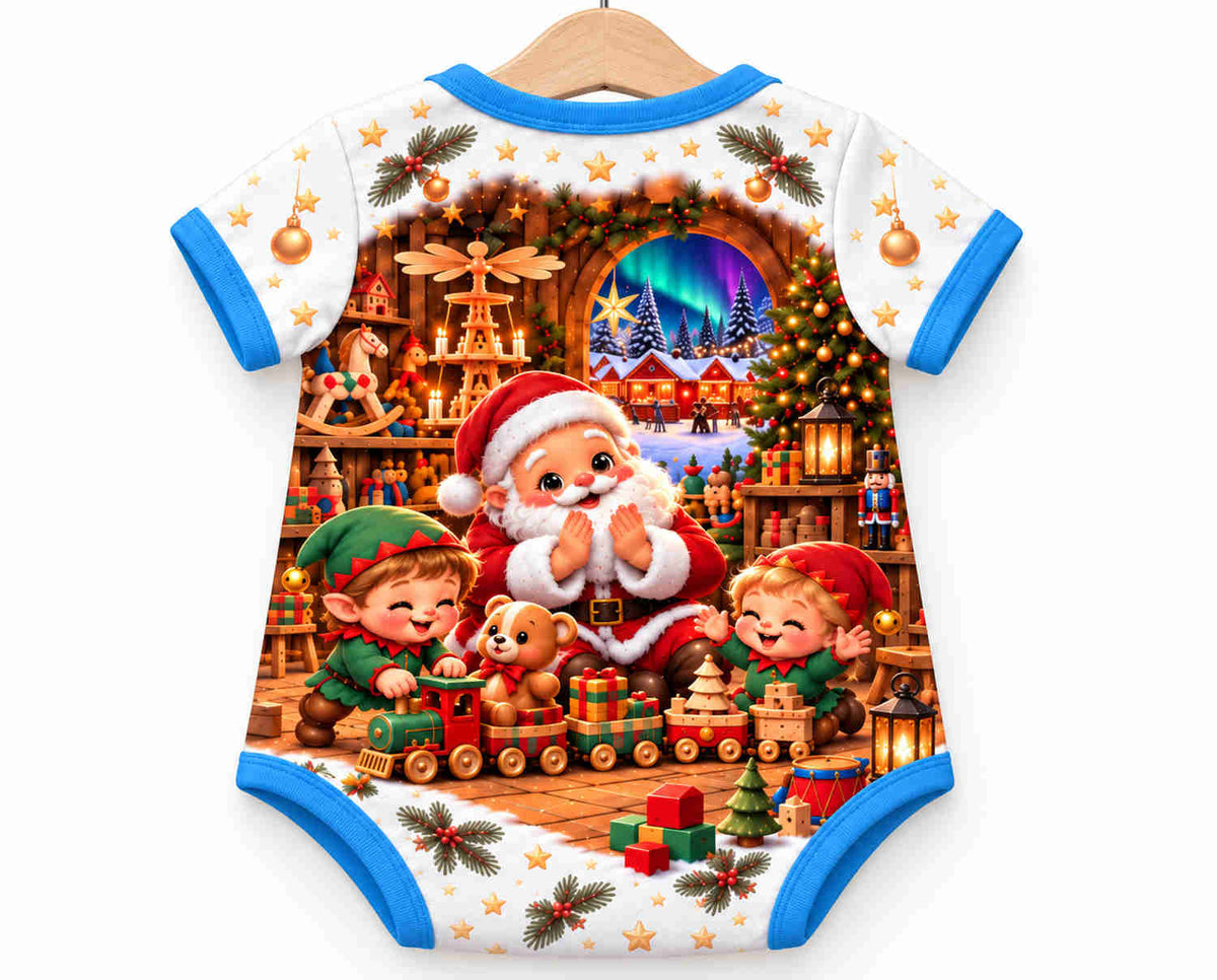 Weihnachtsmanns Spielzeugstube unter Nordlichtern Weihnachts Baby Body inkl. Name (Druck)