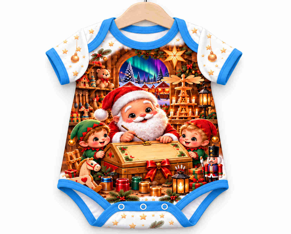 Weihnachtsmanns Spielzeugstube unter Nordlichtern Weihnachts Baby Body inkl. Name (Druck)