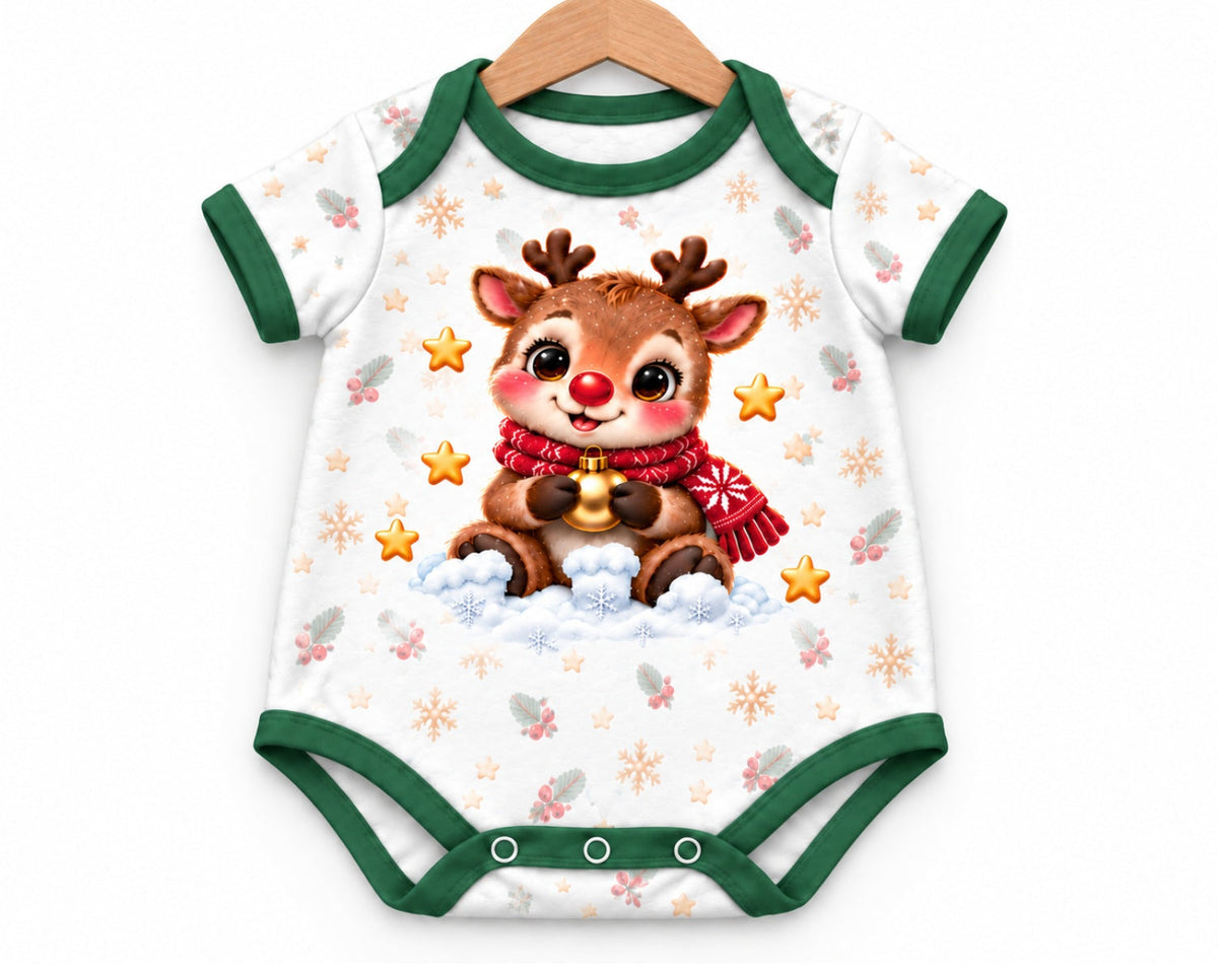 Rudolf mit der roten Nase Weihnachts Baby Body inkl. Name (Druck) – Am Bügel, Vorderseite