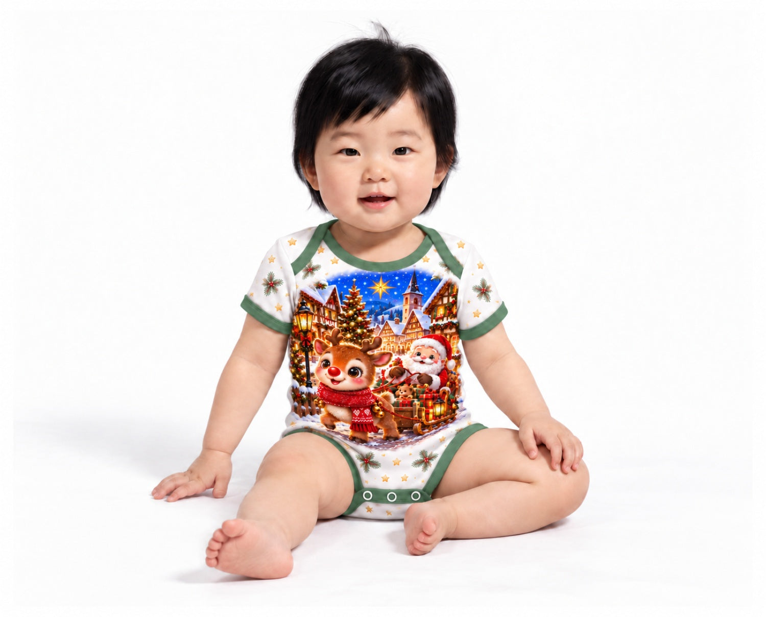 Rudolfs rote Weihnachtsnase Weihnachts Baby Body inkl. Name (Druck) – Am Baby, Vorderseite