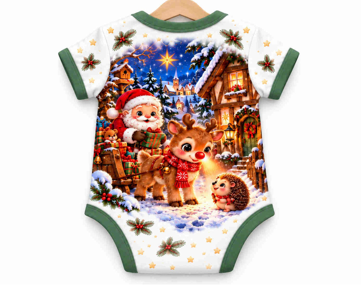 Rudolfs rote Weihnachtsnase Weihnachts Baby Body inkl. Name (Druck) – Am Bügel, Rückseite
