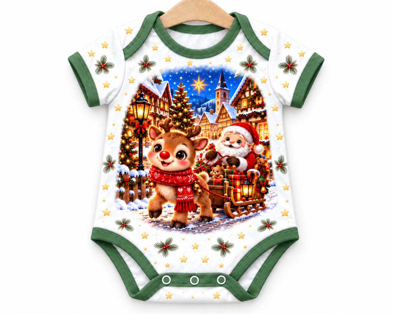 Rudolfs rote Weihnachtsnase Weihnachts Baby Body inkl. Name (Druck) – Am Bügel, Vorderseite