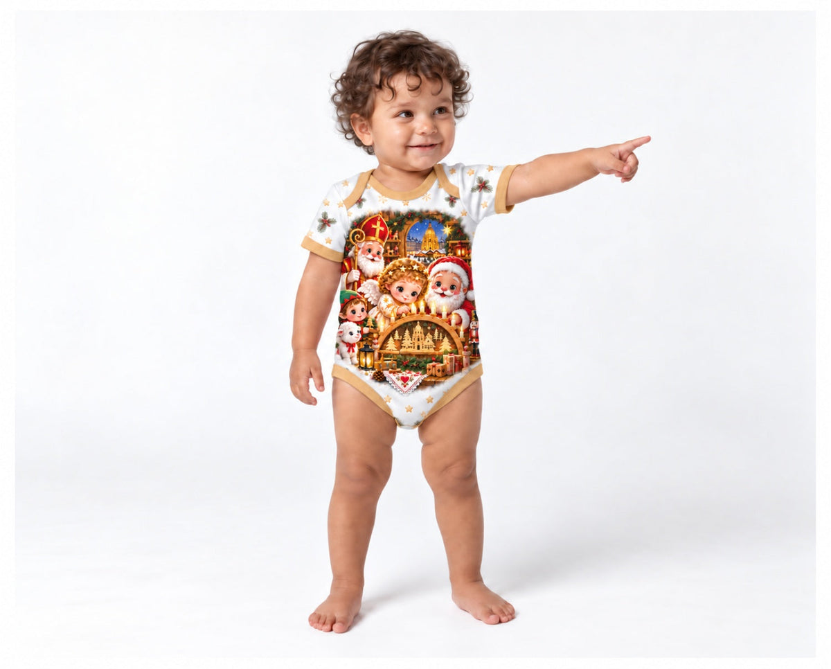 Christkind im Dresdner Schwibbogenlicht Weihnachts Baby Body inkl. Name (Druck) – Am Baby, Vorderseite