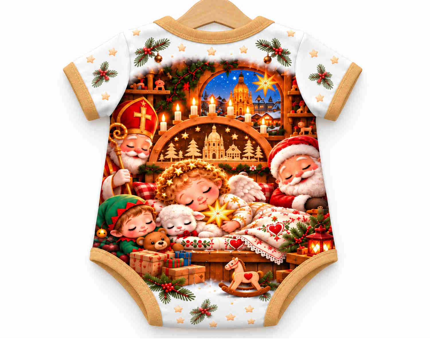 Christkind im Dresdner Schwibbogenlicht Weihnachts Baby Body inkl. Name (Druck) – Am Bügel, Rückseite